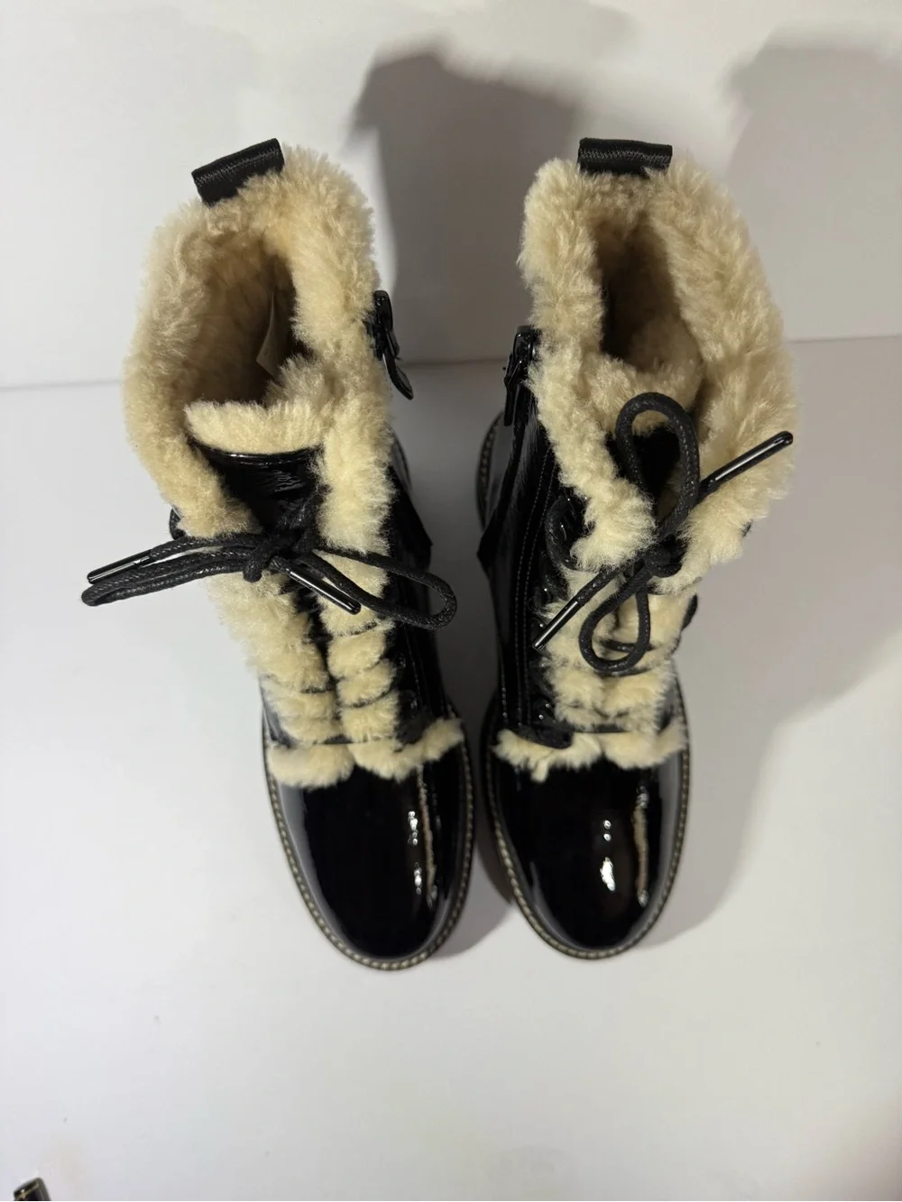 Tory Burch Black Patent Leather Shearling-Trim Combat Boots size5